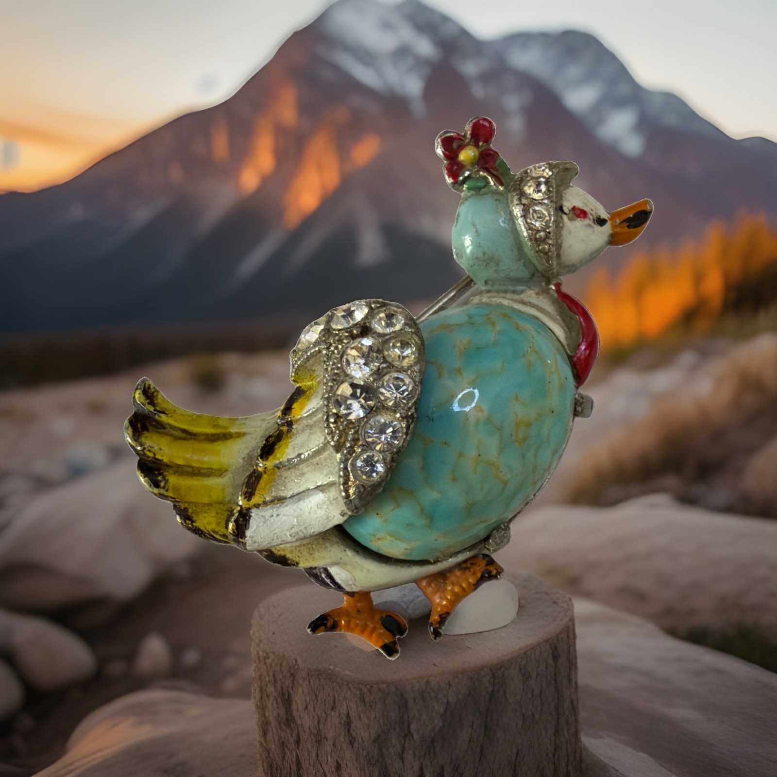 Vintage Coro Duck Broch Mottled Blue Glass ,Rhinestone Wings Enamel Feet 1 3/4