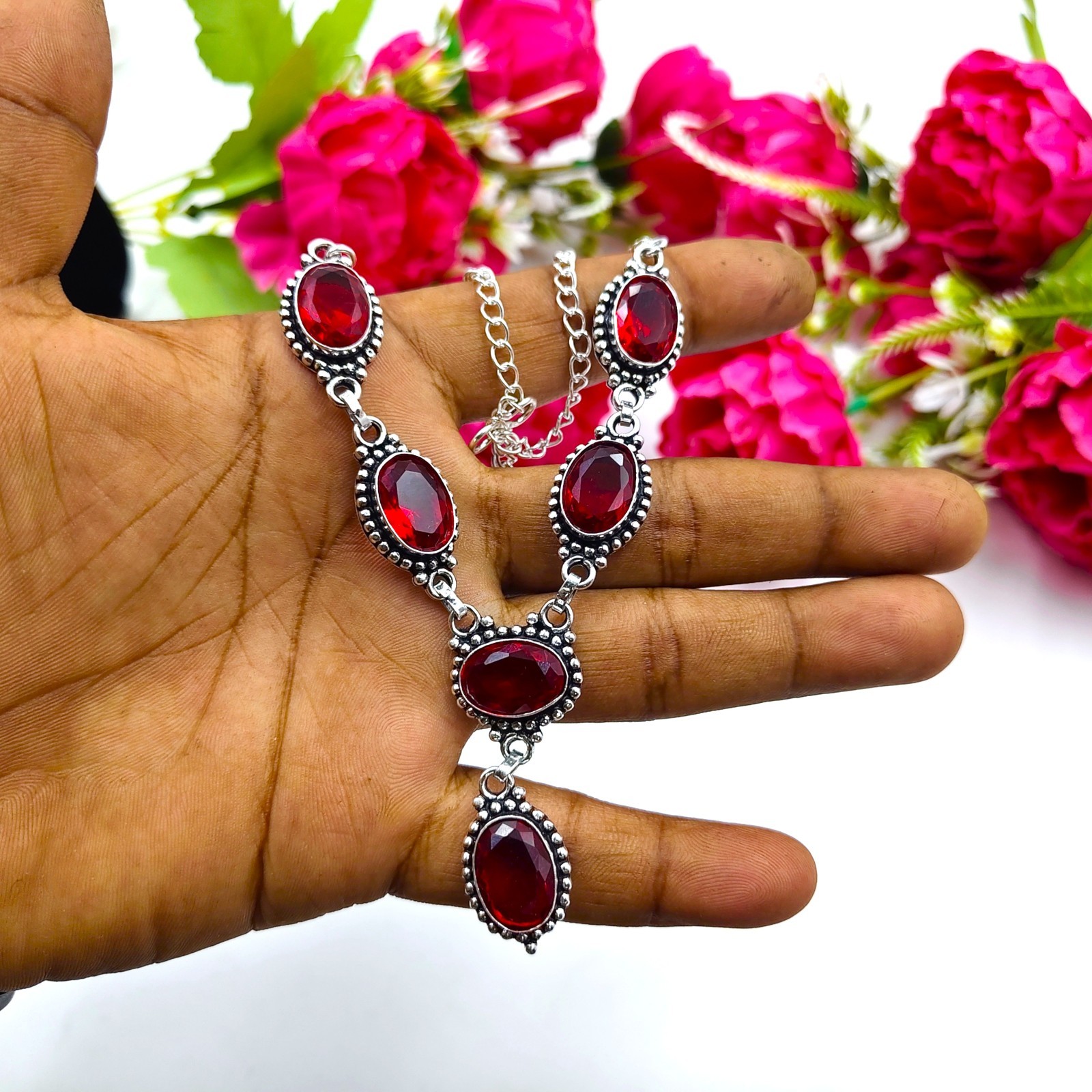 Red Garnet Gemstone Handmade 925 Sterling Silver Jewelry Necklace Size-17-18″