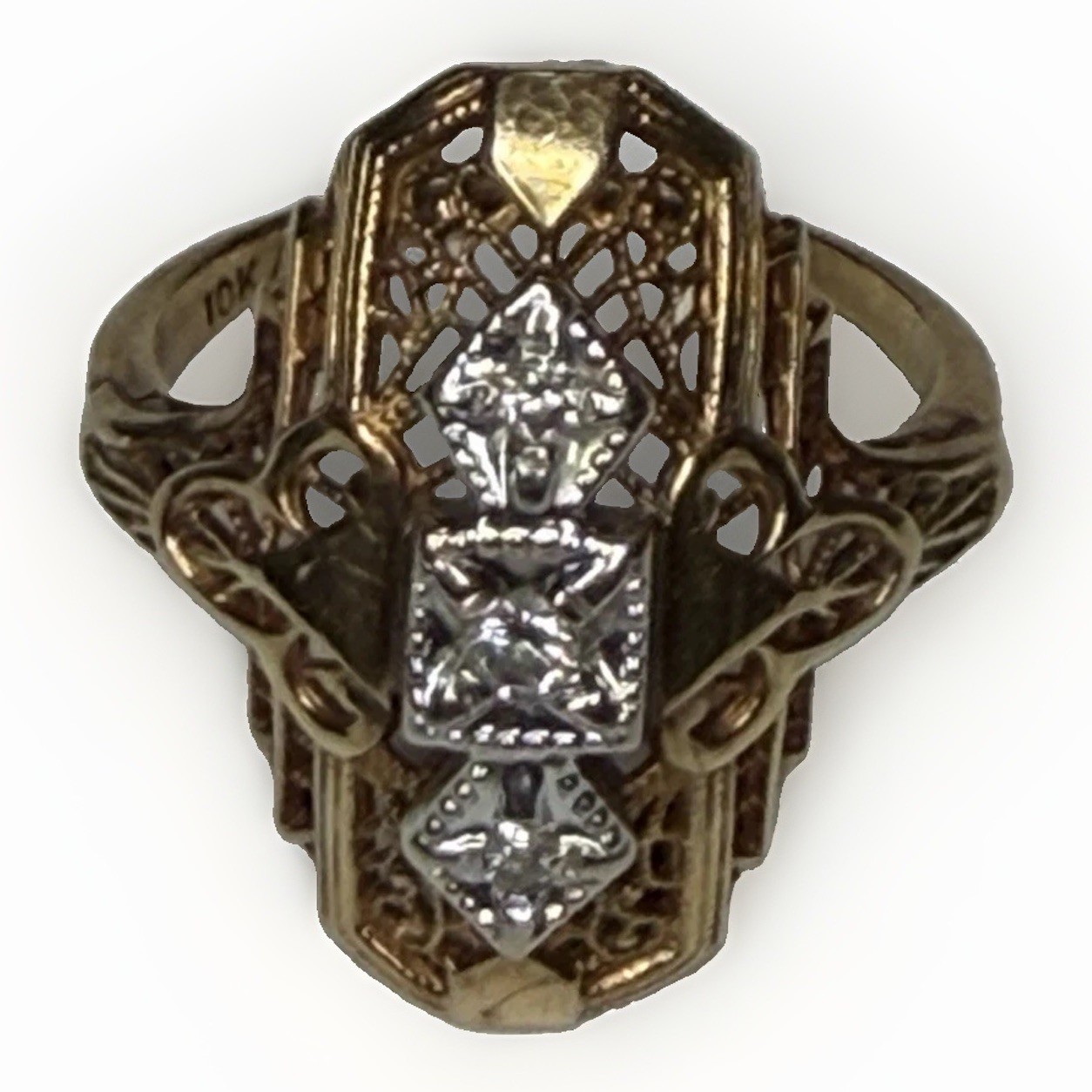 Antique Art Deco 10k Gold Filigree Diamond Shield Dinner Ring ATC Sz 4.5