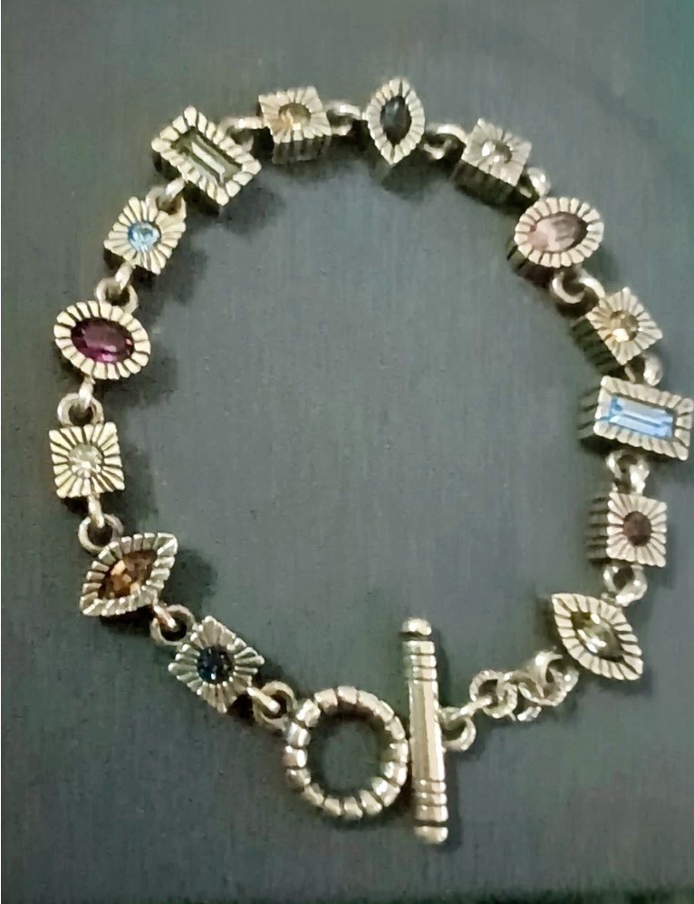Patricia Locke Bracelet Silver Tone Multicolored Crystals Geometric Shapes 8”