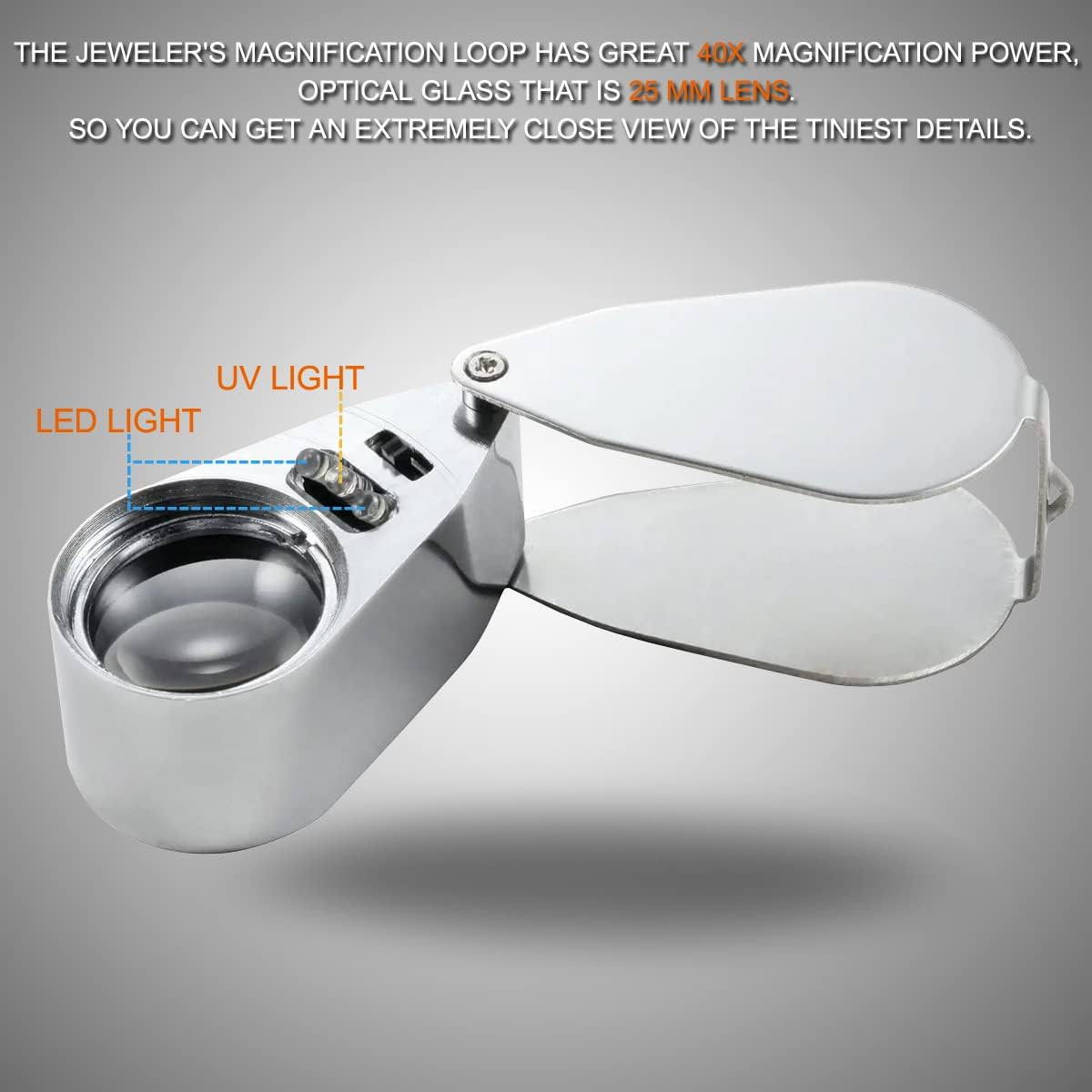 40X Jewelry Loupe Magnifier with LED UV Light Folding Glass Lens