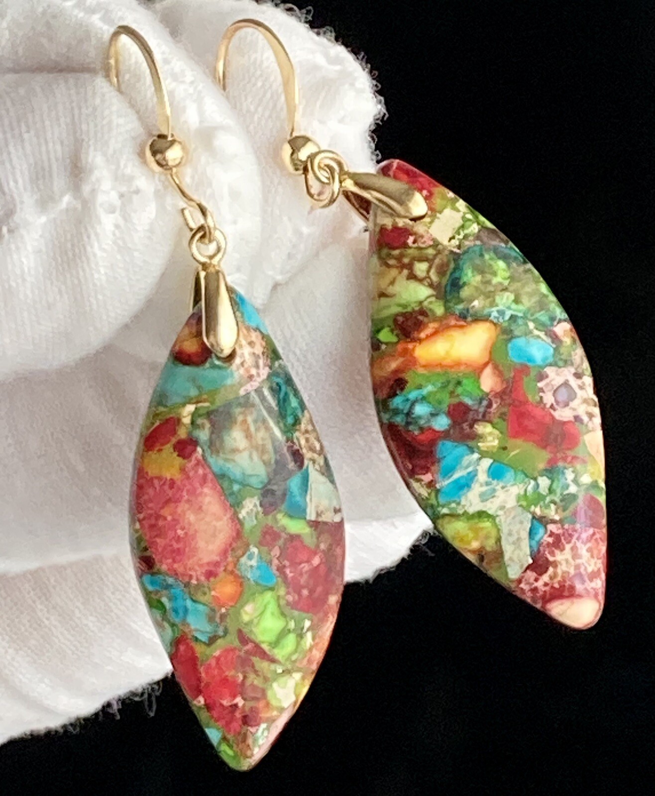 Jasper Stone Natural Imperial Leaf Dangle Drop Multicolor Earrings 7.71g Ladies