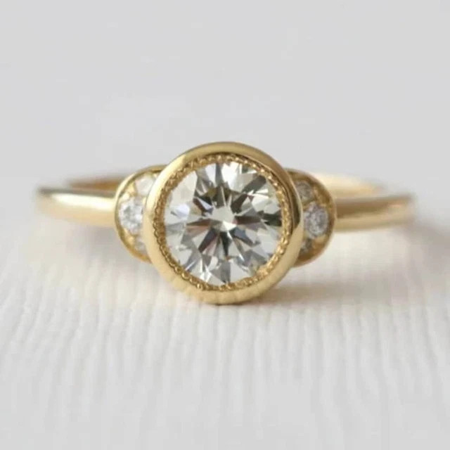 Bezel Set Engagement Ring 14K Yellow Gold Plated Round Cut Simulated Diamond