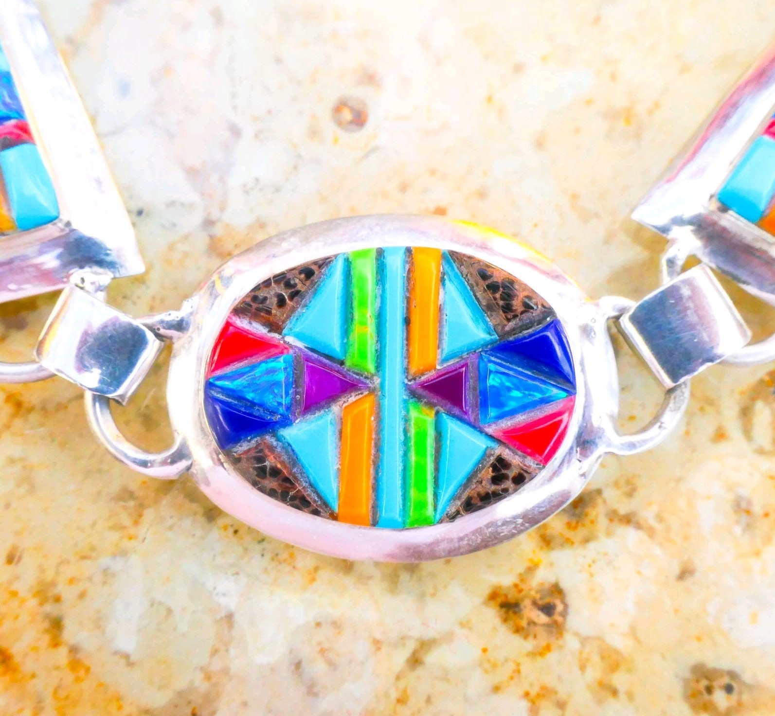 Native Sterling Silver Multi-Gemstone Inlay Cobblestone Toggle Bracelet 17.55g