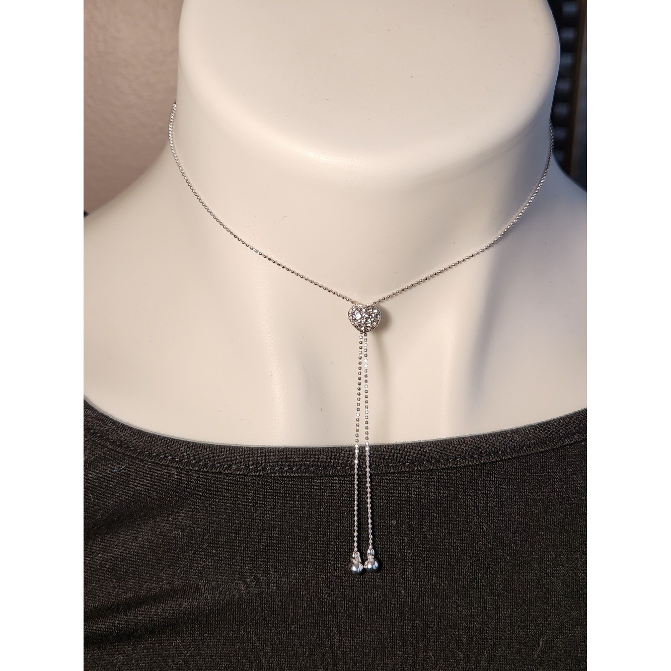 NIB Sterling Silver Heart Bolo Adjustable Slider Pavé Lariat Necklace 16″