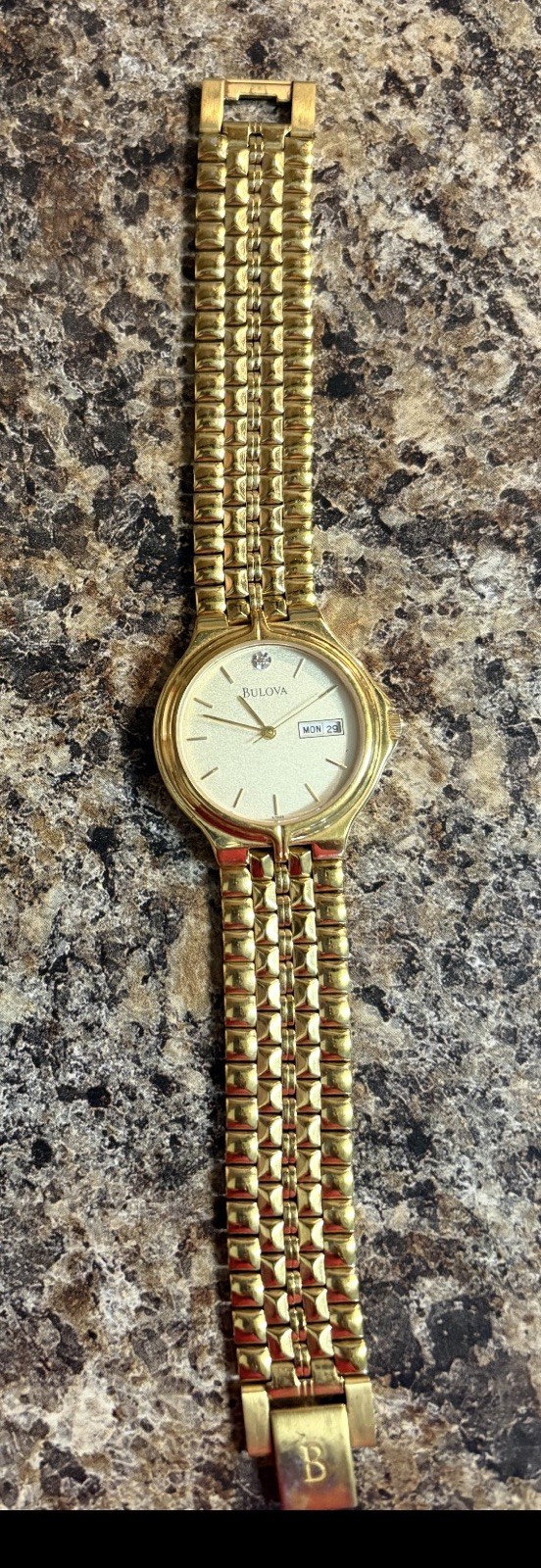 Vintage Bulova Diamond Gold Watch 97D29 Day/Date Display (Service Award Etching)