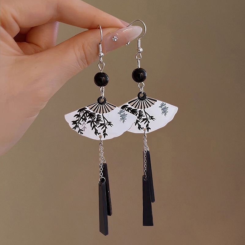 Women’s Black White Fan Tassel Dangle Drop Earrings Hook Fashion Jewelry Gift
