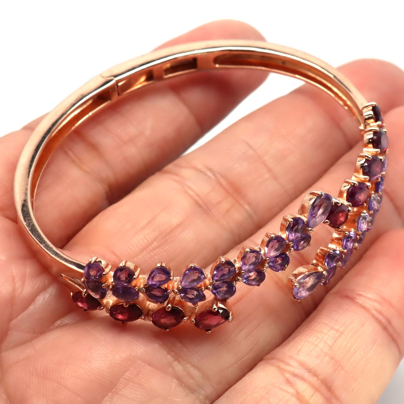 Natural Purplish Red Rhodolite Garnet Pink Amethyst Bangle 925 Sterling Silver