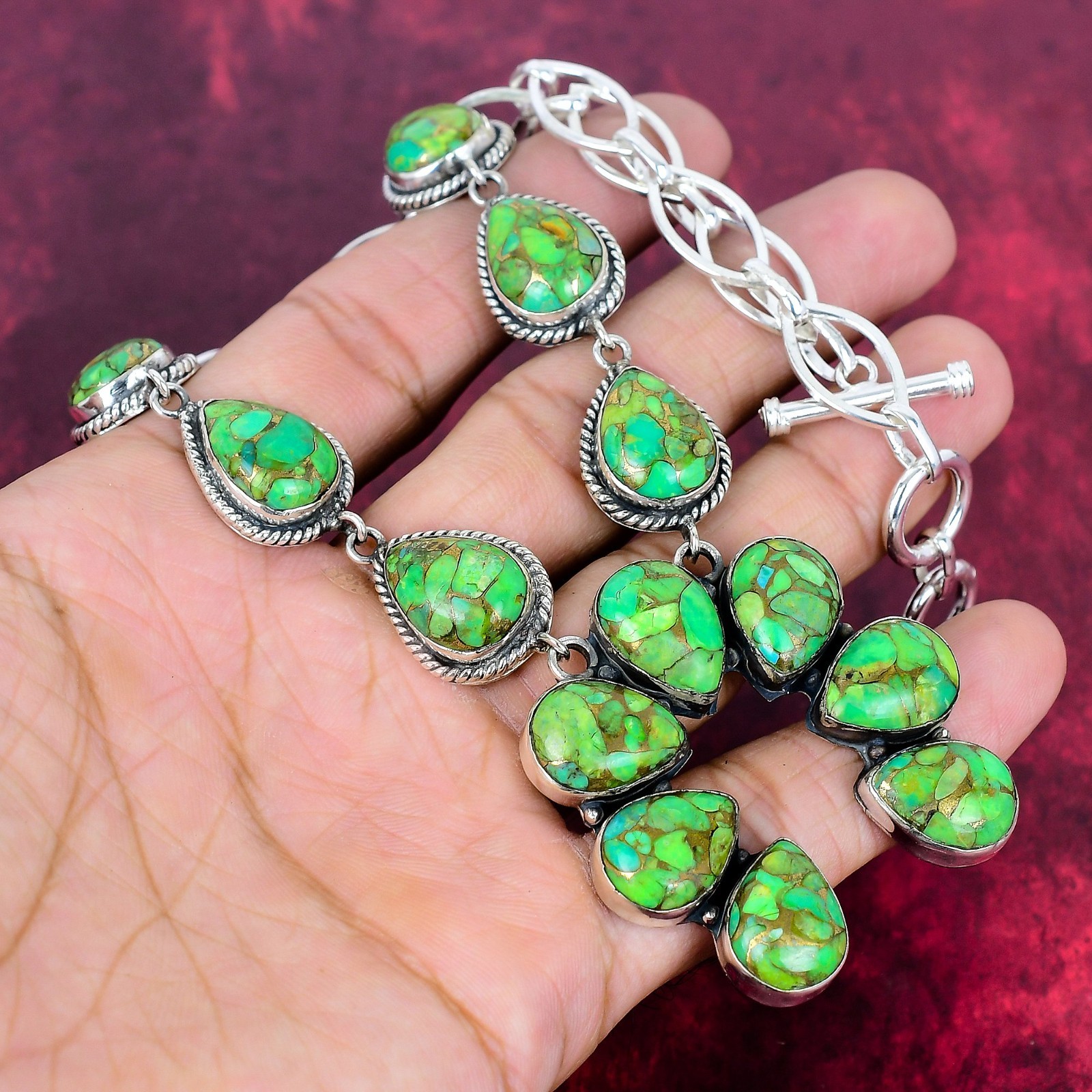 Green Copper Turquoise Gemstone Handmade 925 Solid Silver Necklace Jewelry