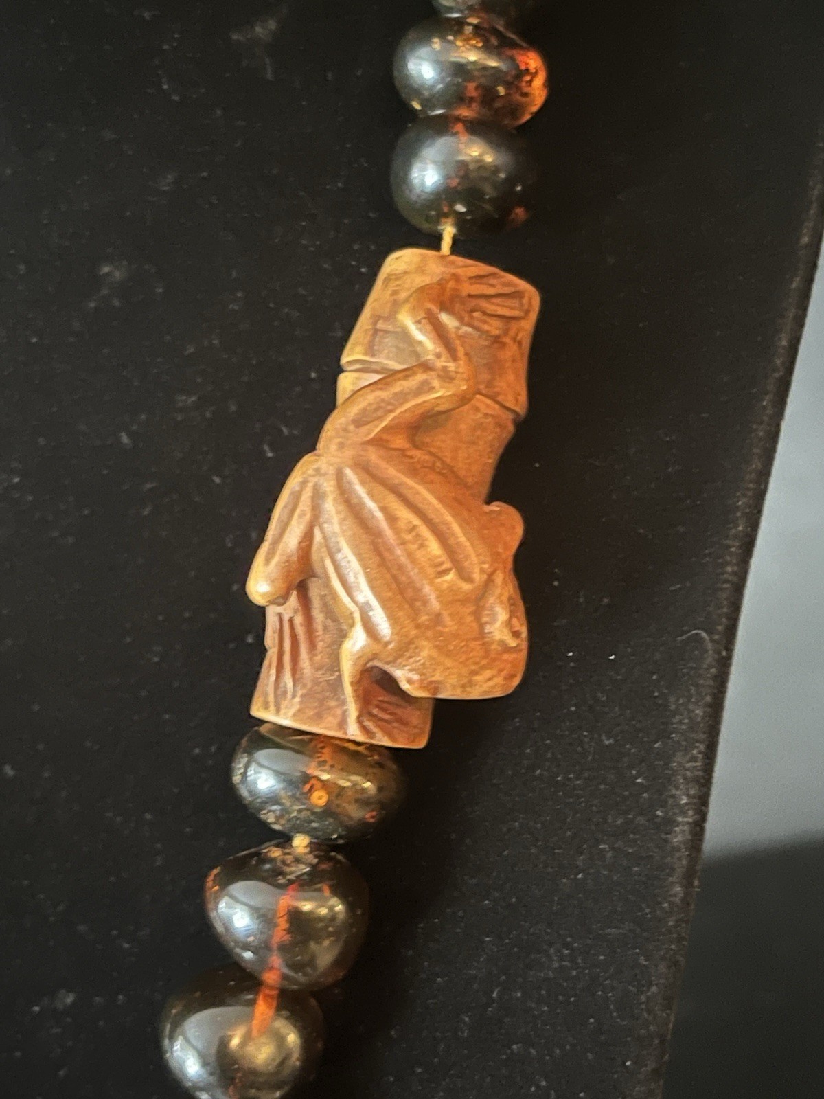 Baltic Amber Beaded Necklace Tied Nylon Cord with Carved Wood Frog/Floral Beads