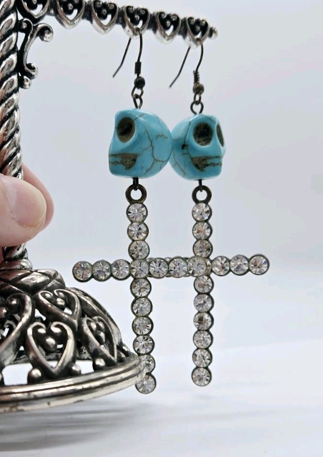 Turquoise Howlite Crystal Cross Drop Dangle & Skulls Earrings Halloween 3.75 in