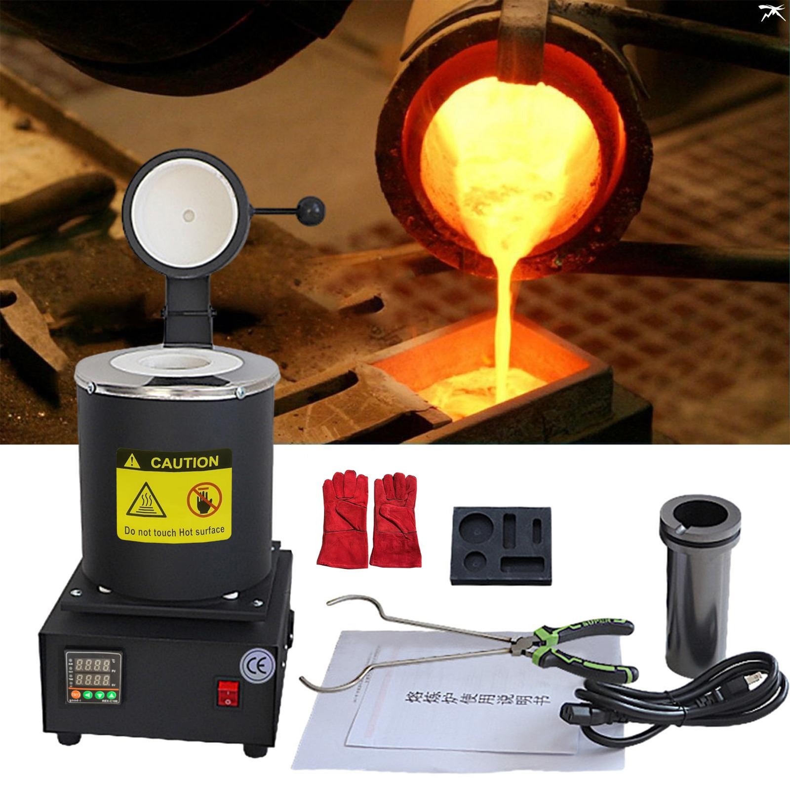 Upgraded Electric Metal Melting Furnace Kit w/ 3KG Crucible+Casting Ingot Mold–