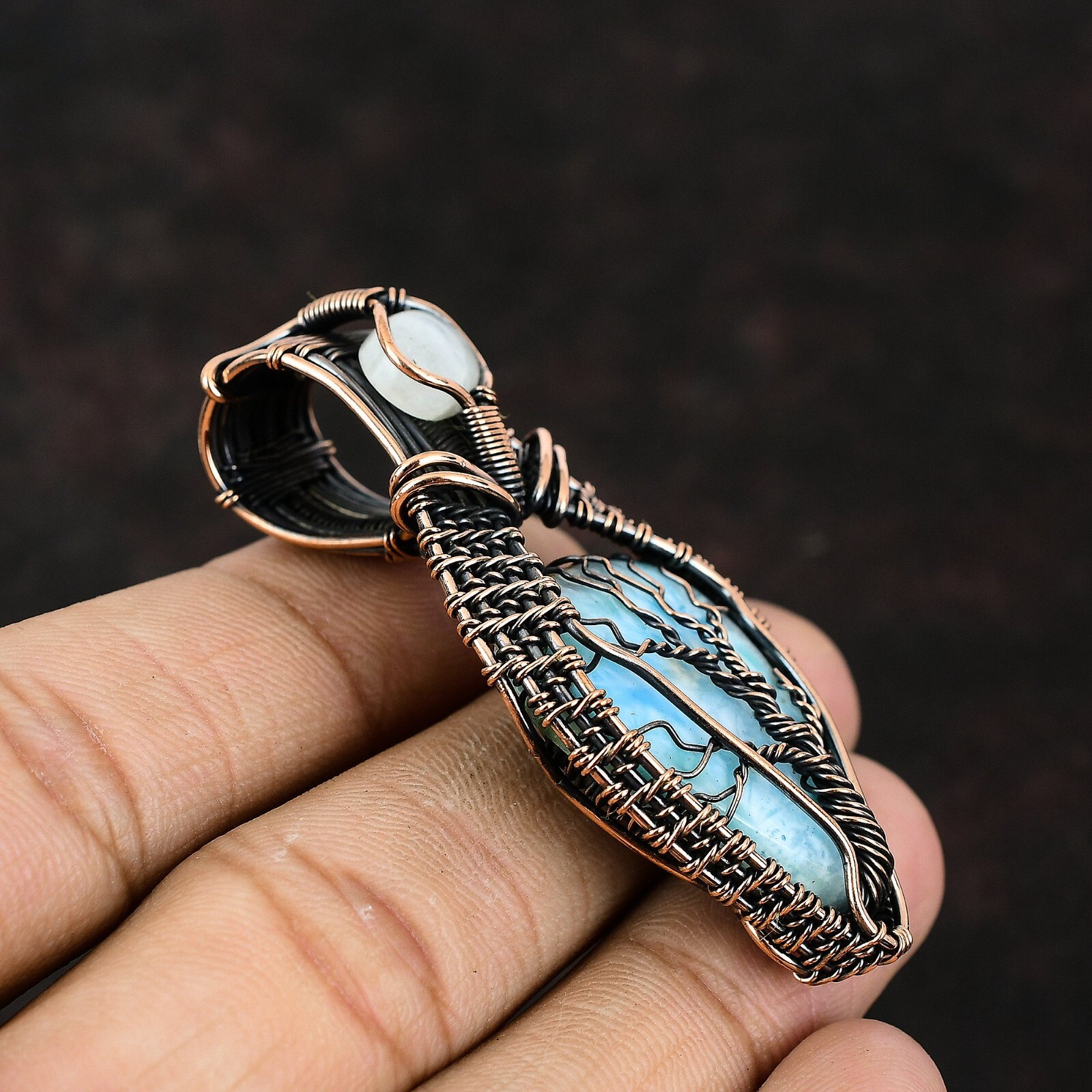 Larimar Jewelry Copper Friend Gift Wire Wrapped Tree Of Life Pendant 2.4″
