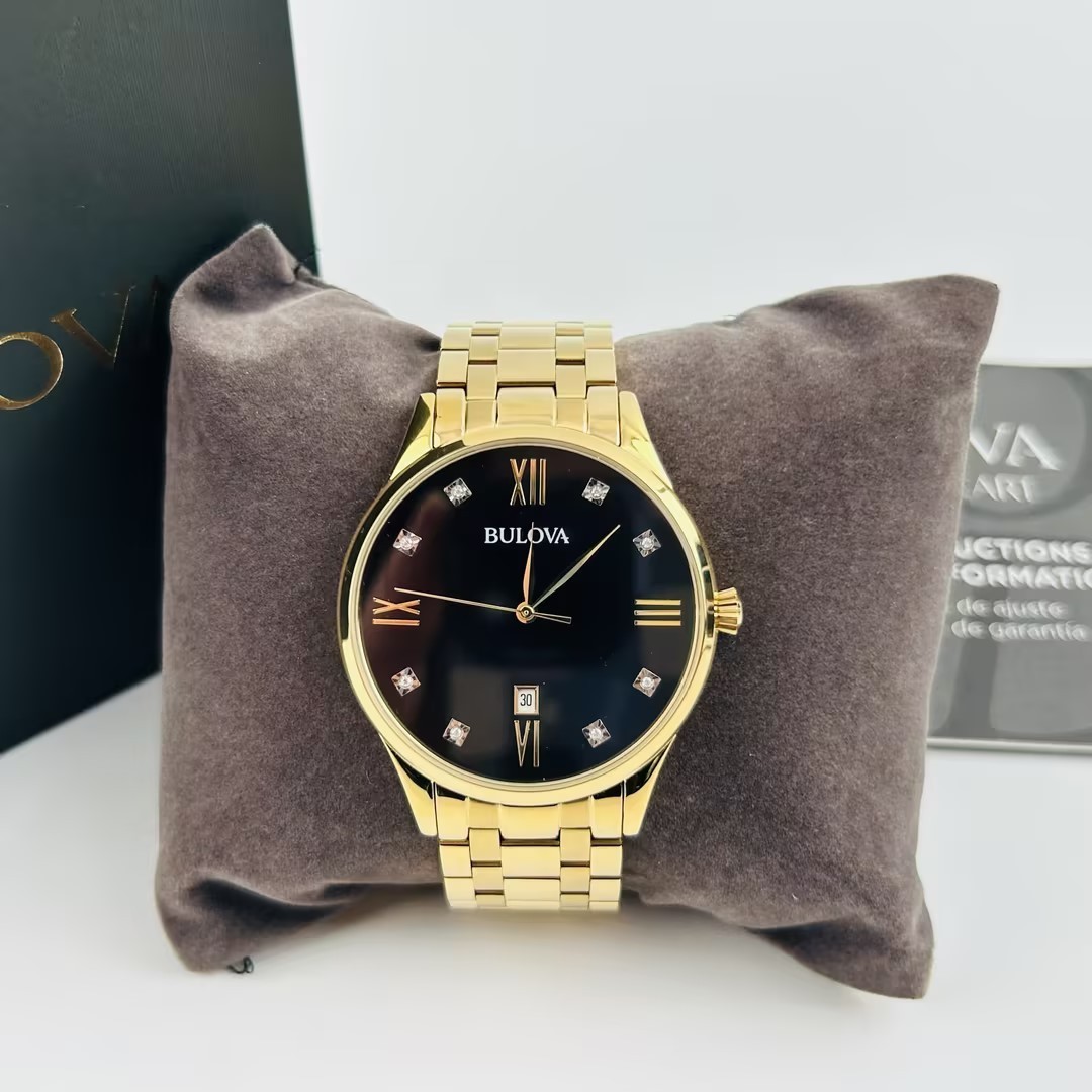Bulova Classic 97D108 Black Dial Diamond Gold Bracelet Men’s Quartz Watch New