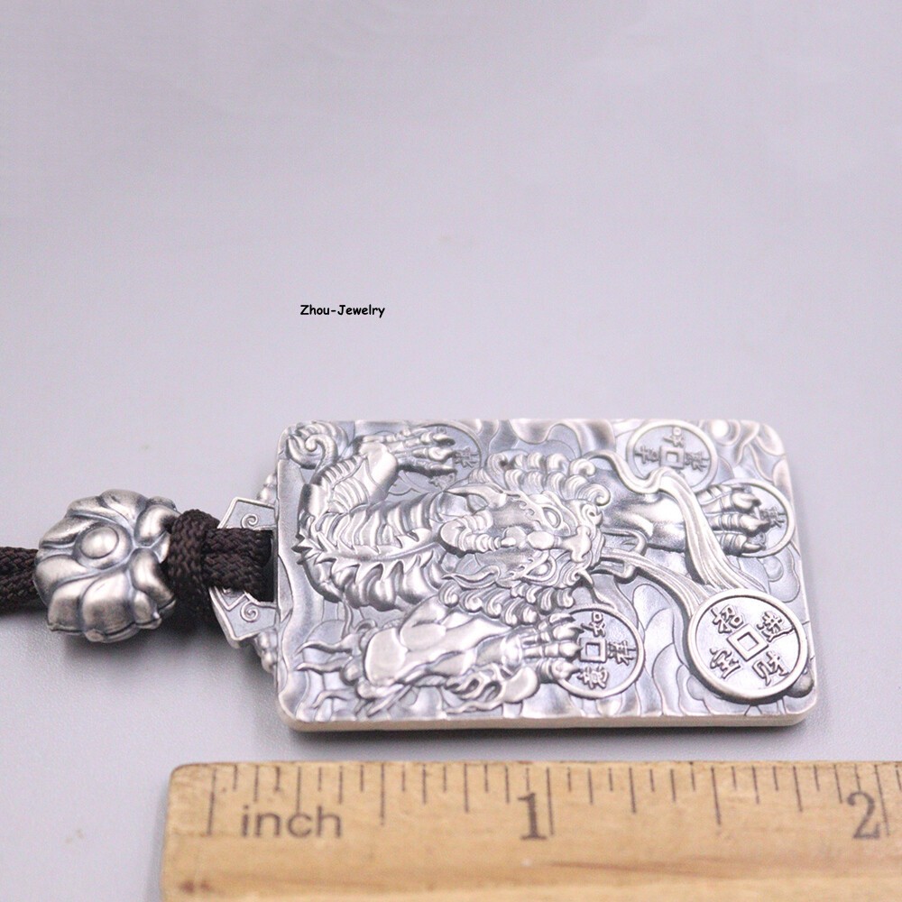 Pure S999 Fine Silver 999 Men Women Lucky Dragon Qilin Oblong Pendant 47*28mm