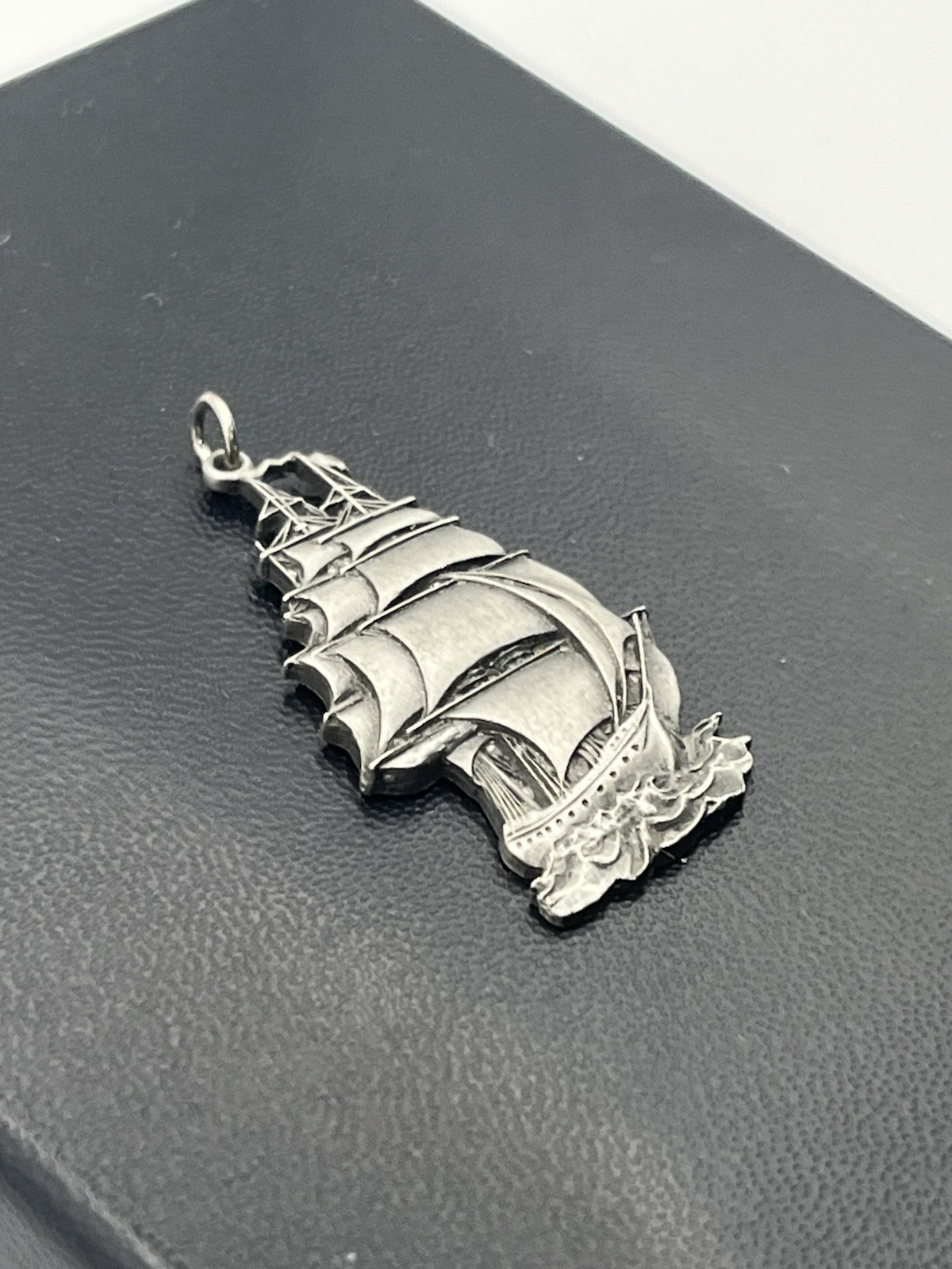 Tall pirate ship silver tone nautical sail boat pendant for necklace vintage