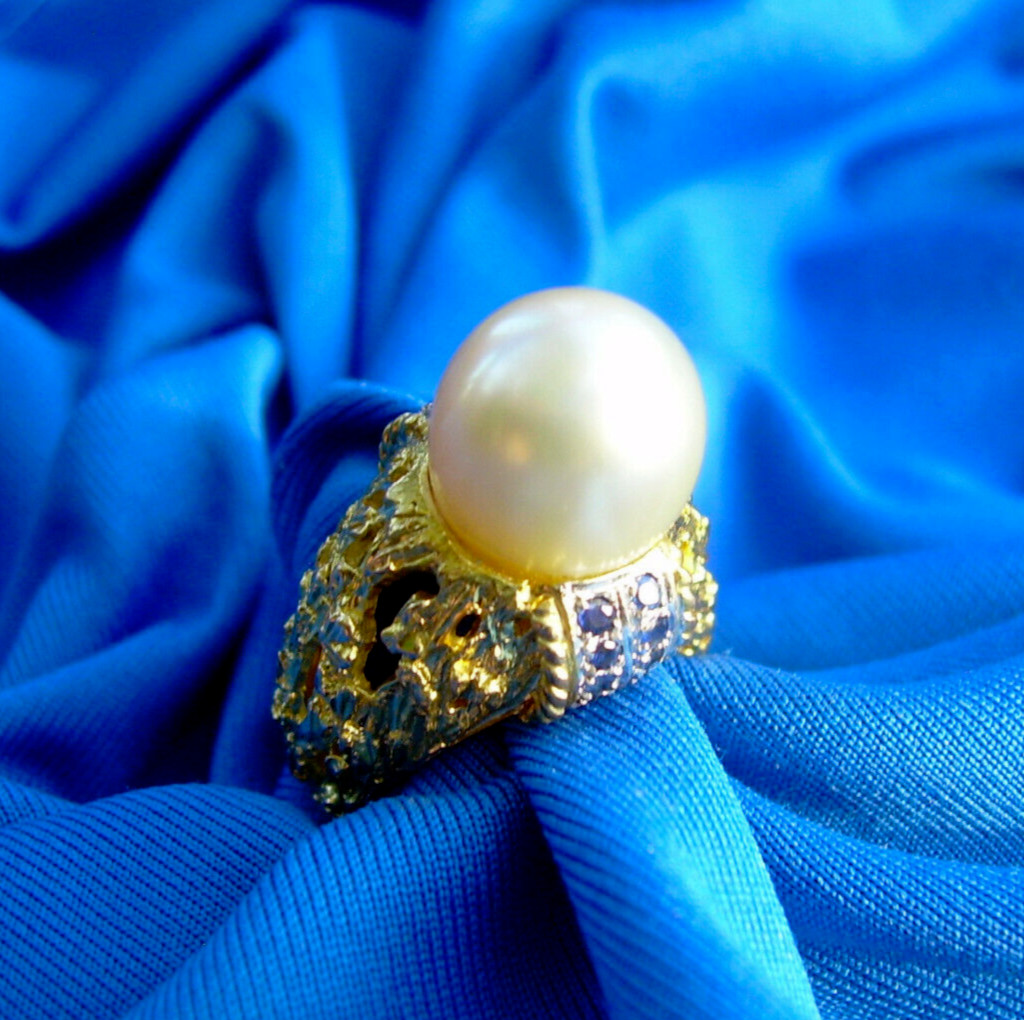 Original Pearl Sapphire Engagement Statement Ring Deco Cocktail Style 14K GOLD