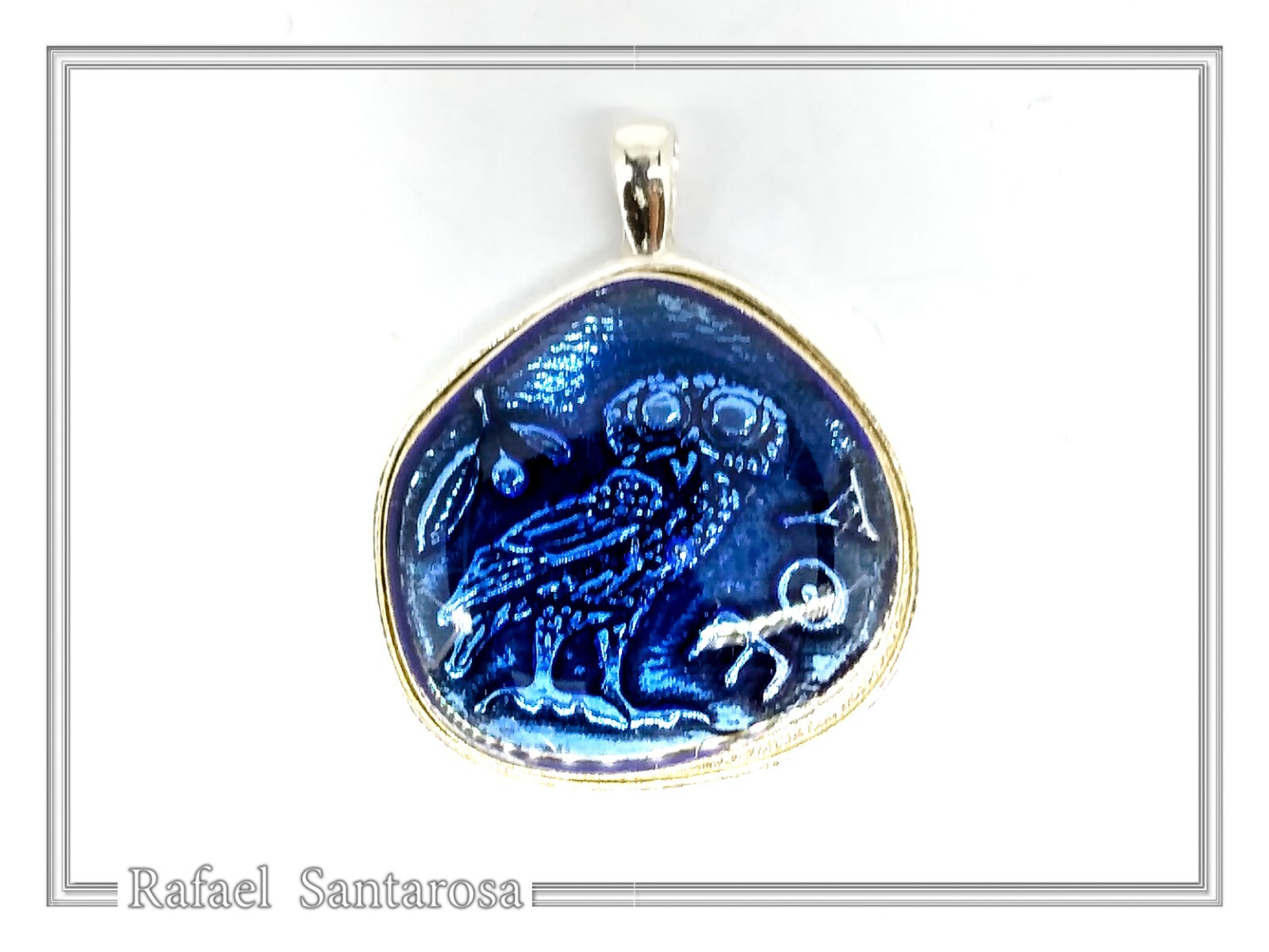 Owl coin pendant enamel oxidized silver Athena’s tetradrachm museum replica
