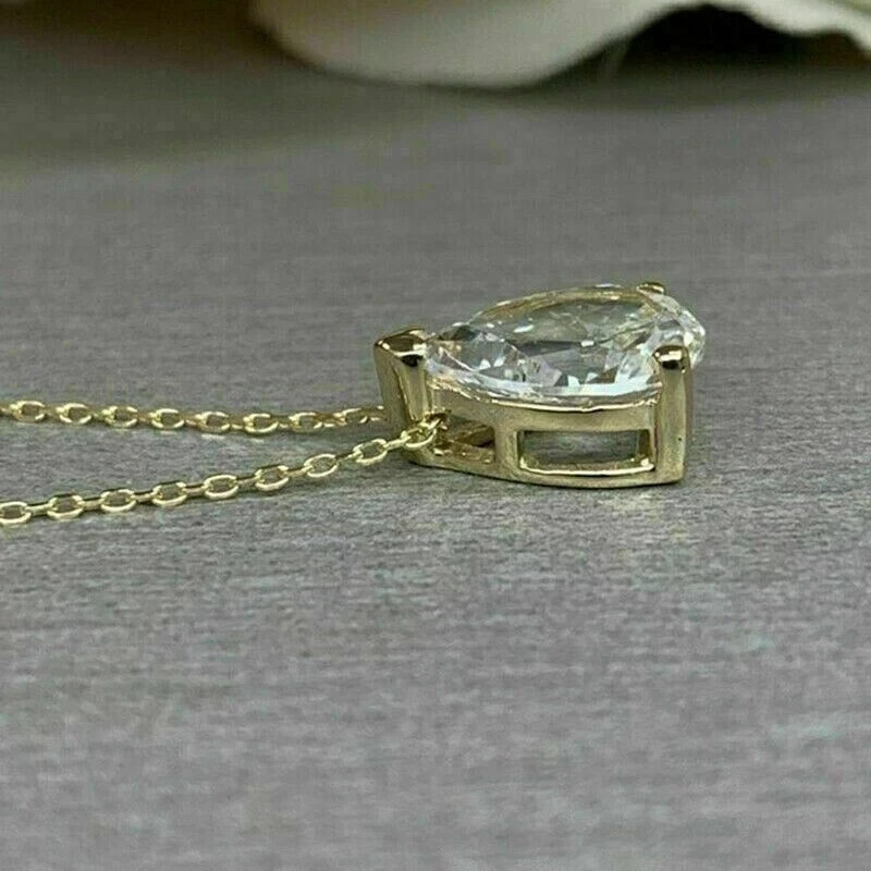 2Ct Pear Cut Lab-Created Diamond Solitaire Pendant Chain 14K Yellow Gold Plated