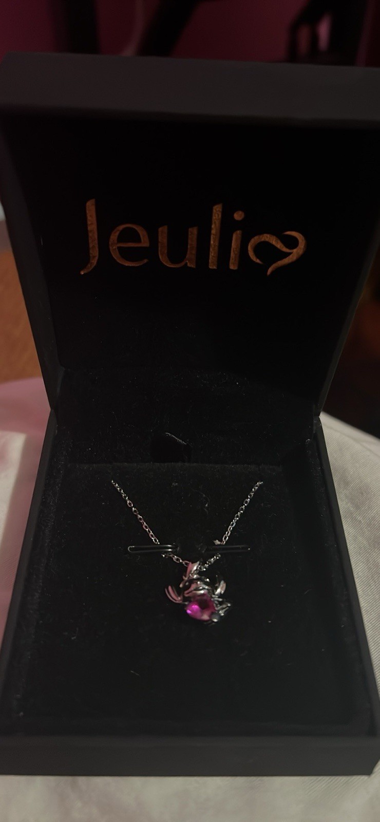 Jeulia Silver Stitch Charm Necklace Pink Heart Stone Cable Chain