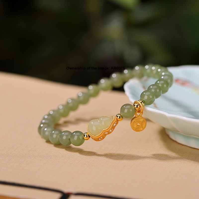 Natural Green Jade Nephrite Bead 925 Silver Gourd Women’s Bracelet 14-16cm