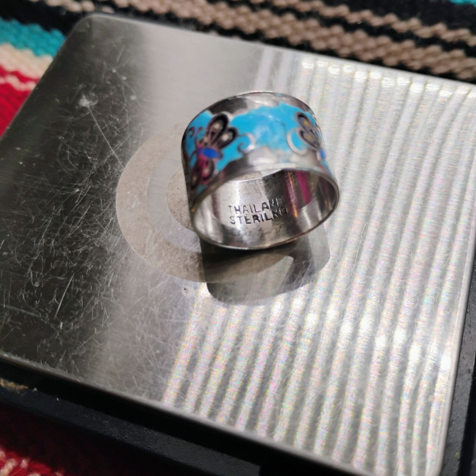 Vtg Butterfly Cloisonne Sterling Silver Wide Band Ring Size 7 Thailand – READ