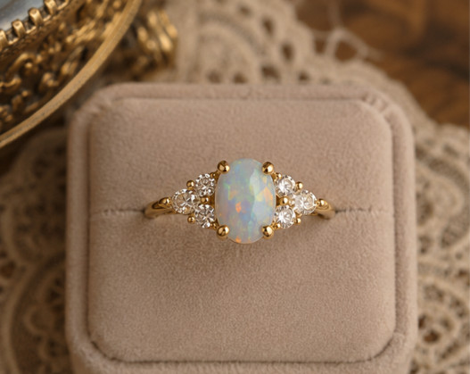2.24 Ct Oval Cut Natural Opal Diamond Engagement Ring 14K Solid Yellow Gold