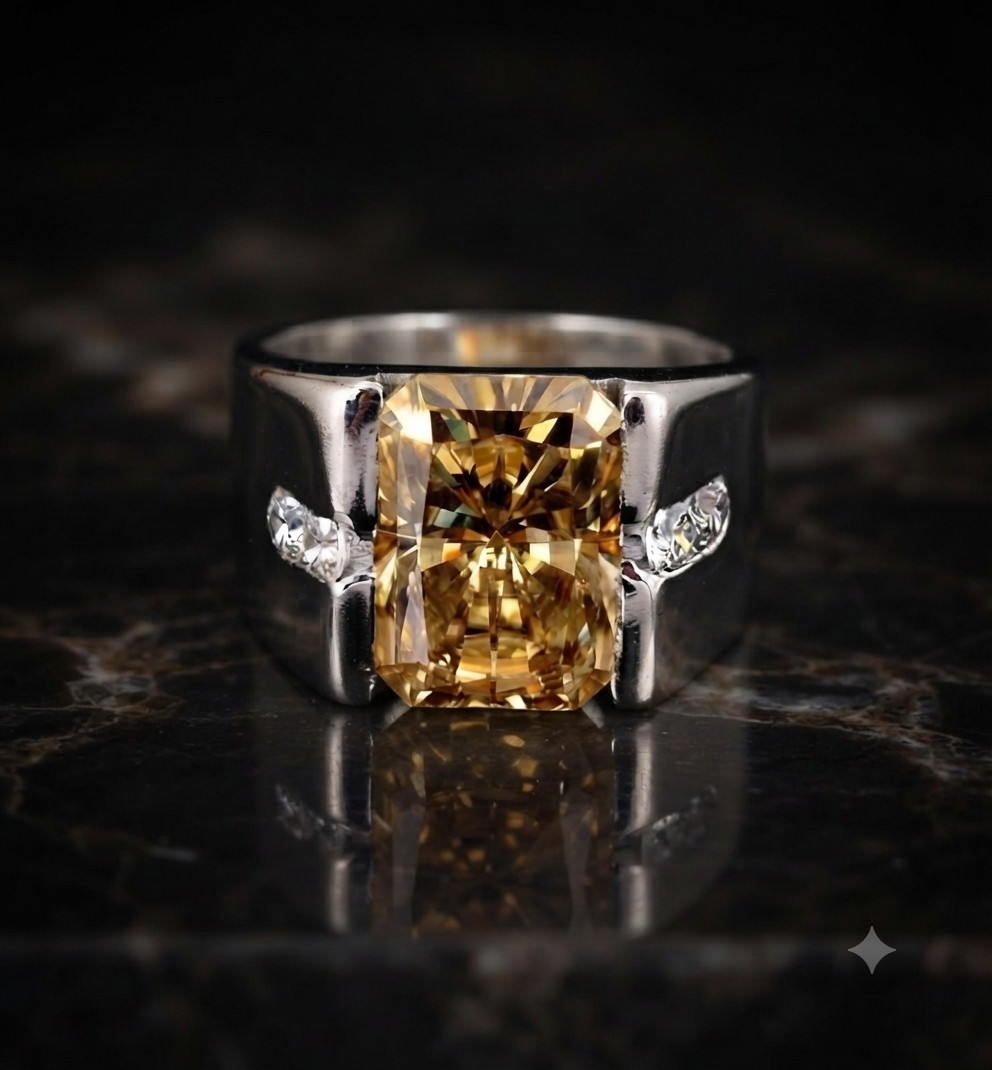 8.10 Ct Certified Treated Champagne Diamond Men’s Ring, 925 Silver Great Shine