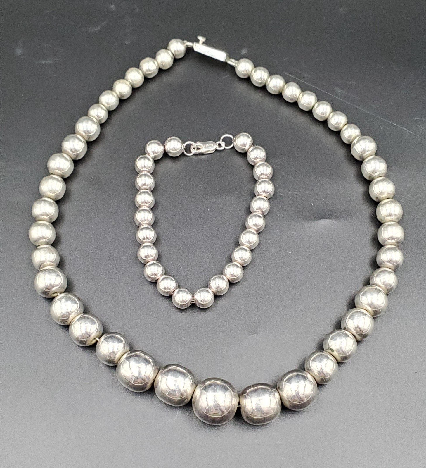 Sterling Silver Beaded Ball Necklace 17.25 Plus Matching Bracelet 7.5 inch long.