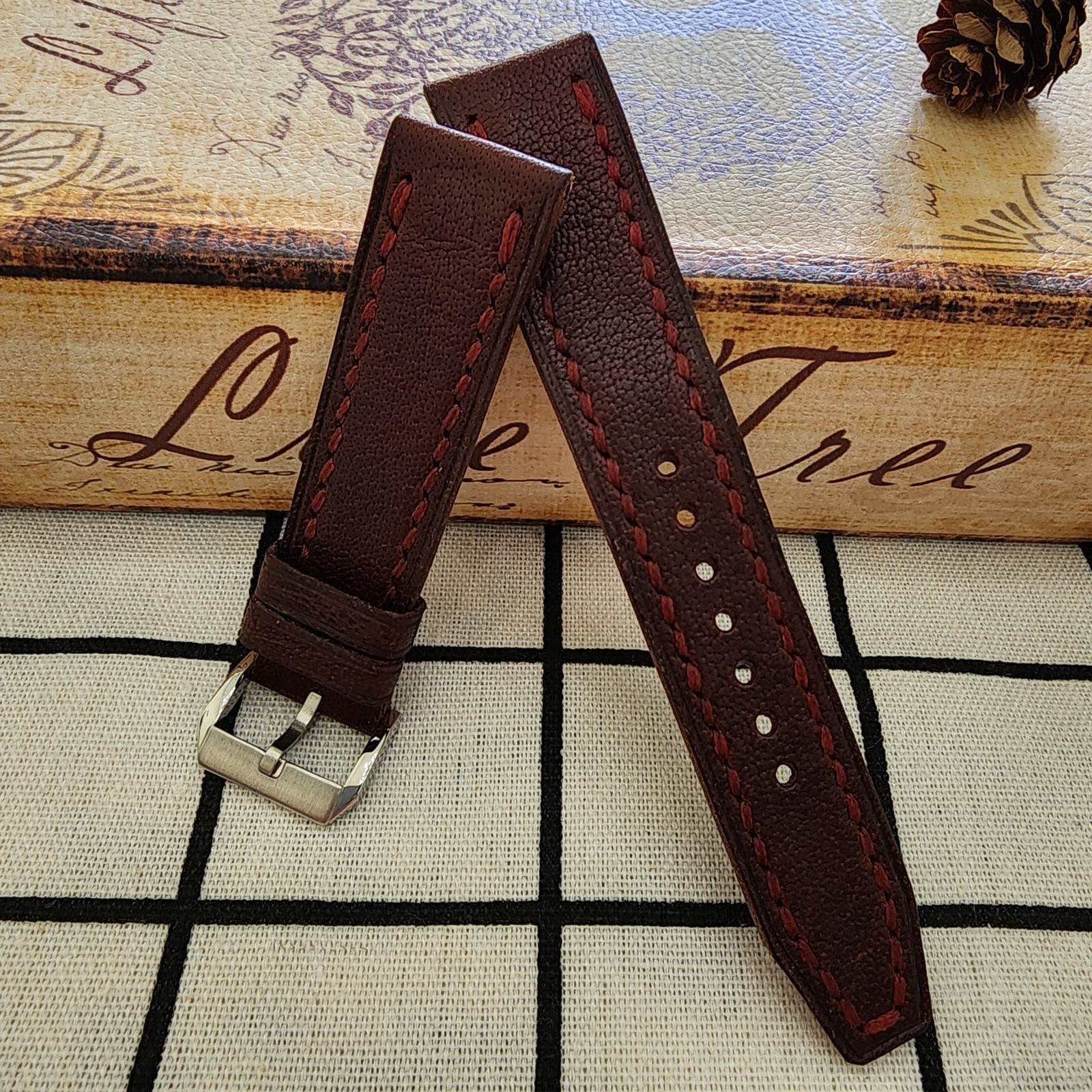 20mm Handmade Burgundy Italian Waxed Leather Watch Strap Red Stitch 20-18