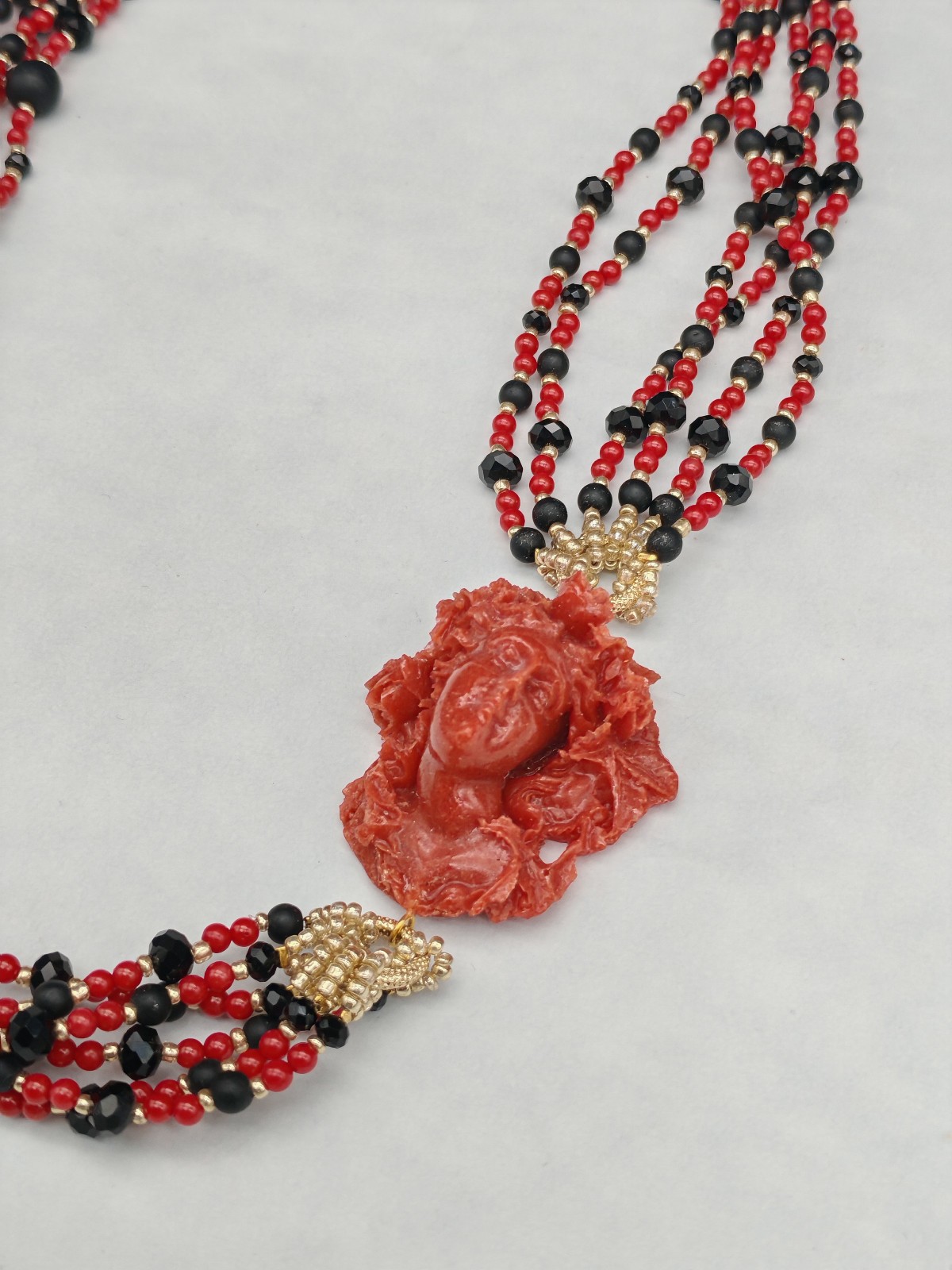Women Red Coral Cameo Multifilament Elegant Onyx Necklace Made in Italy