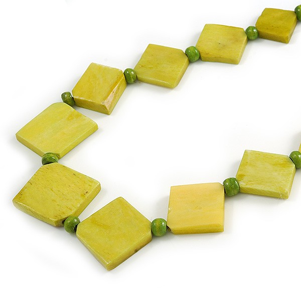 Lime Green Square Bone Bead Black Cotton Cord Long Necklace – 82cm L