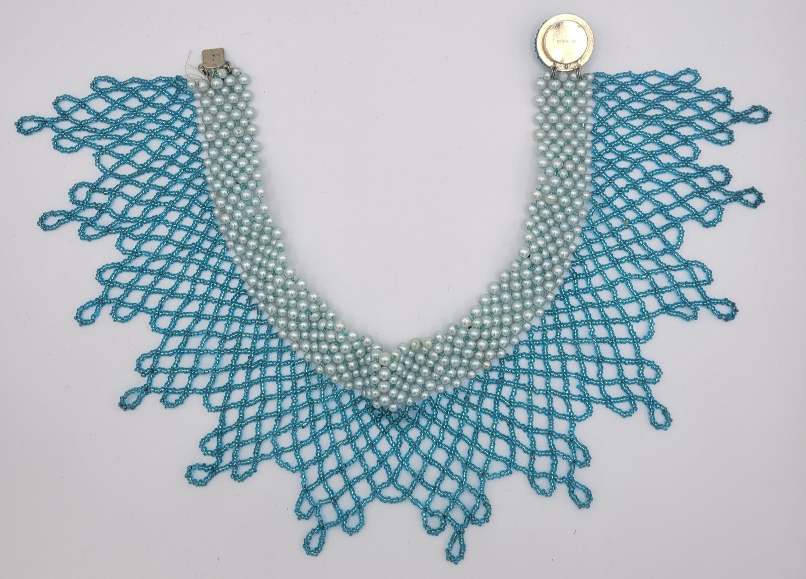 Woven Seed Bead Choker Collar Necklace Bib Teal Faux Pearl & Rhinestone