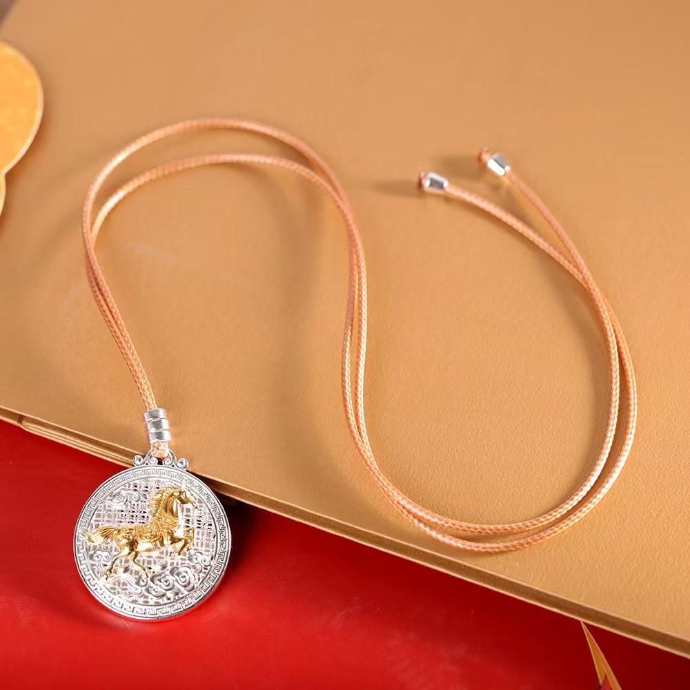 Pure S999 Fine Silver Men Women Enamel Circle Horse Pendant 13-14g 33*30mm