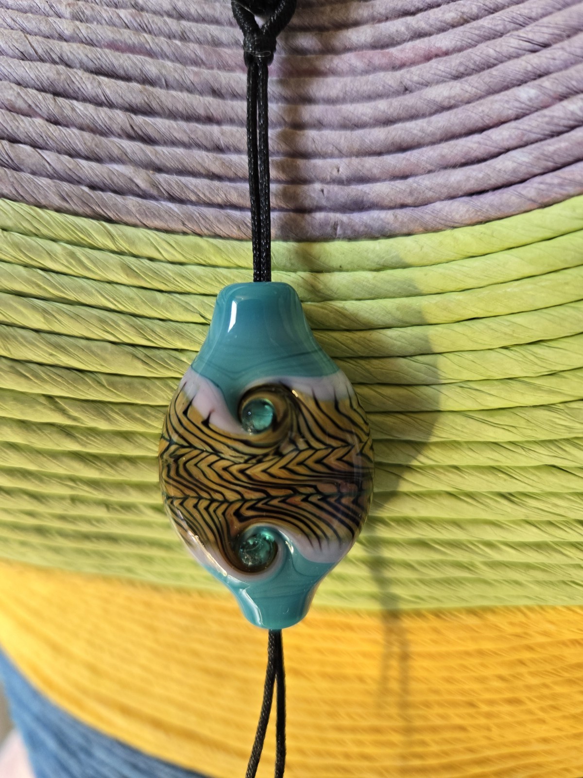 Art Glass Bead Necklace On Silver Wrapped Black Cord Boho Unique