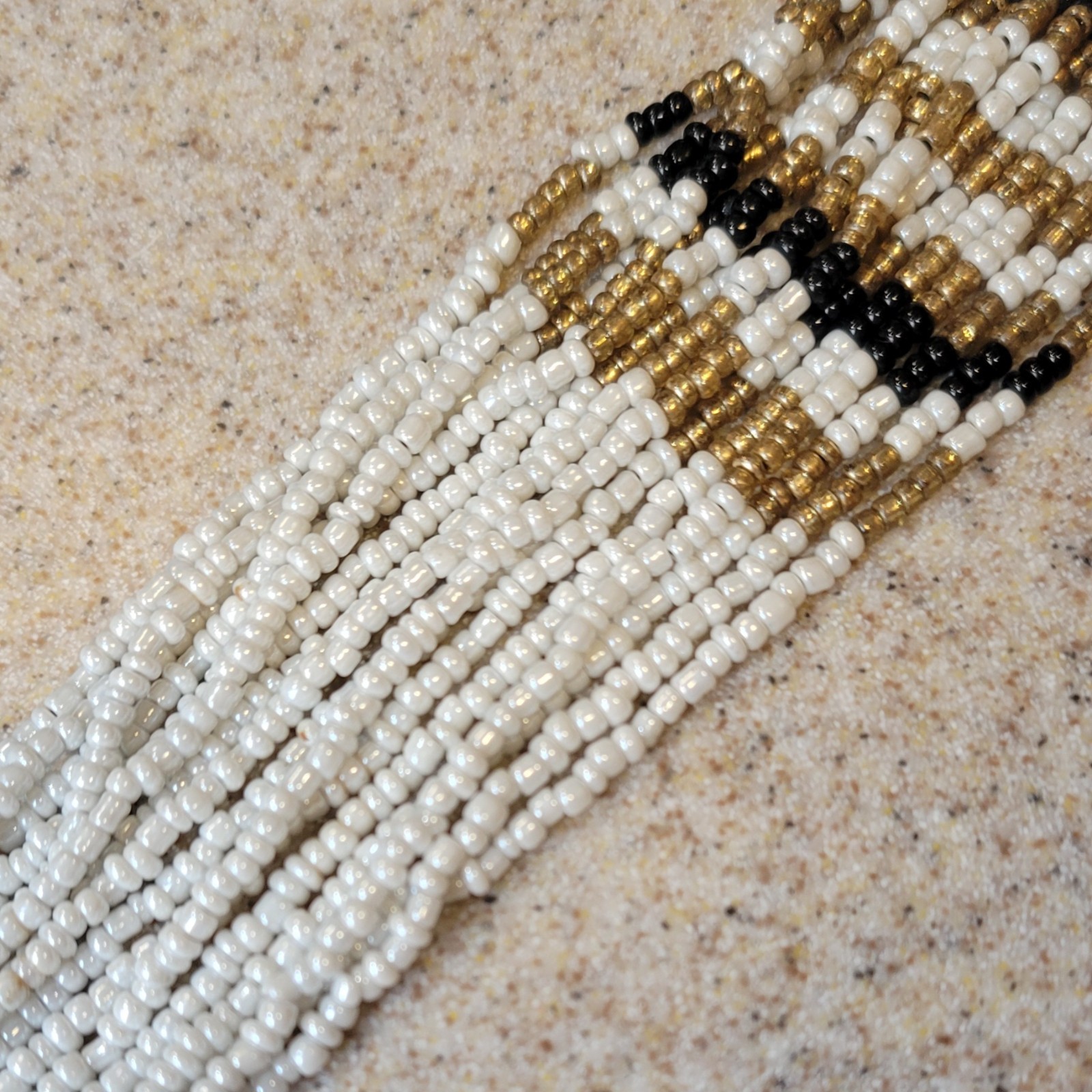 16 Strand Waterfall Necklace Black White Gold Seed Beads Beaded Vintage 22in