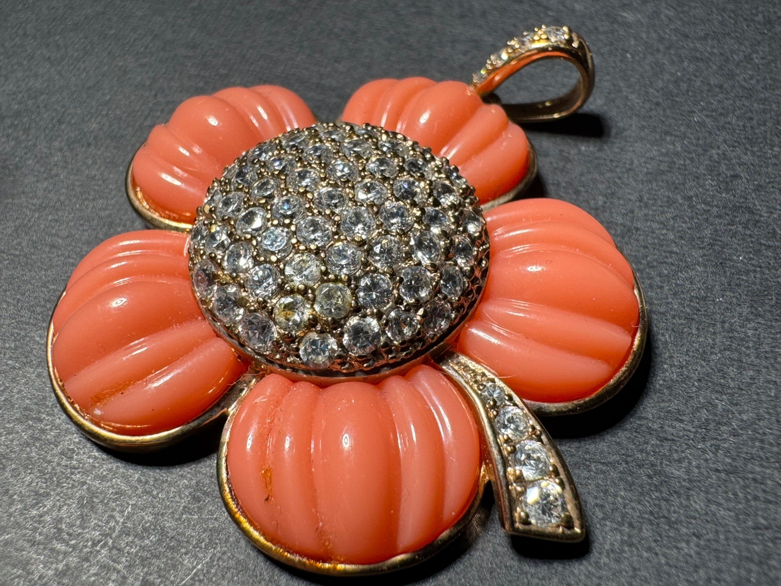 Vintage Ross Simons Sterling Silver Pink Resin Rhinestone 925 Flower Pendant