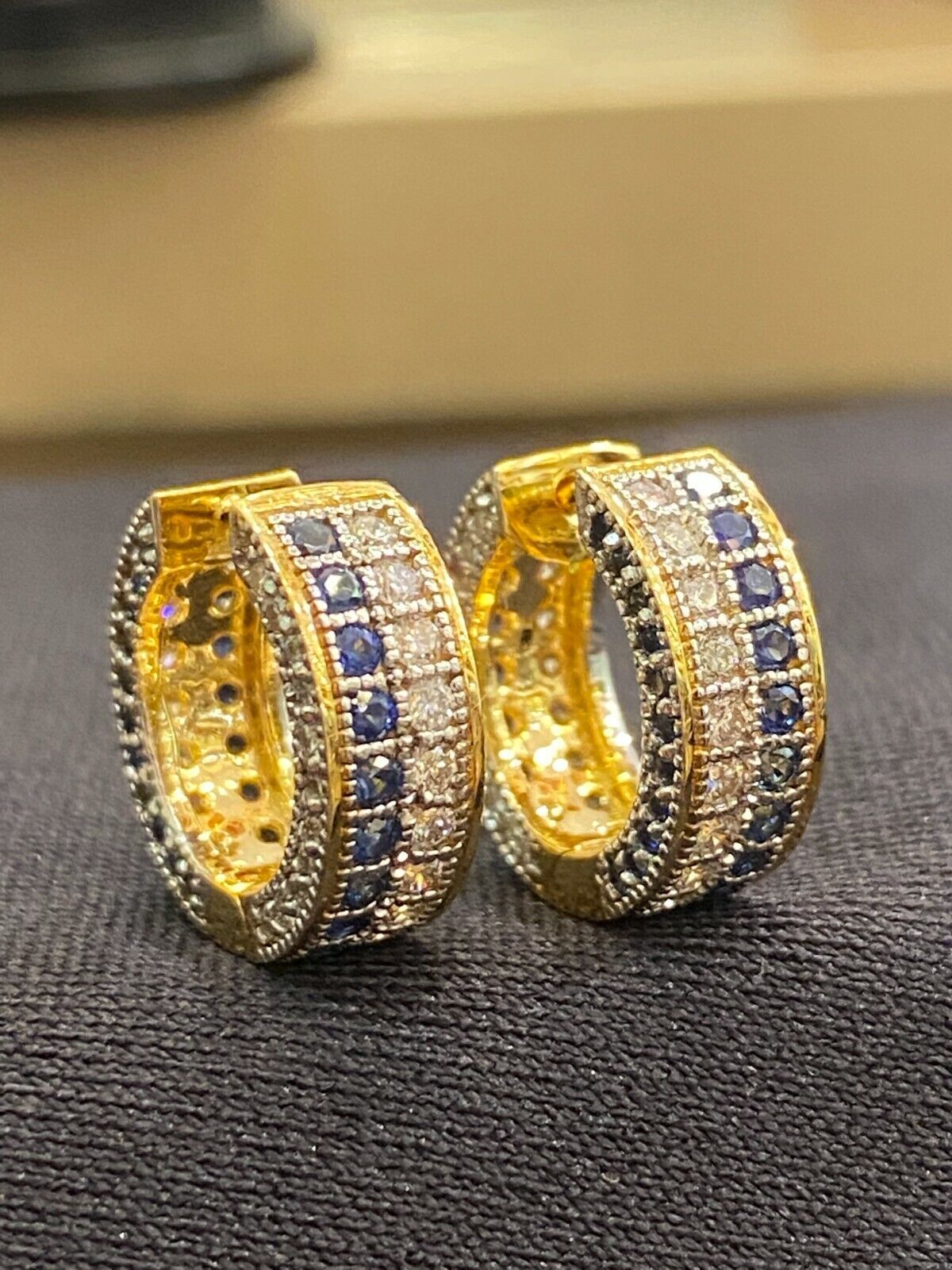 Pave 1.90 Cts Round Brilliant Cut Diamonds Sapphire Hoop Earrings In 18K Gold