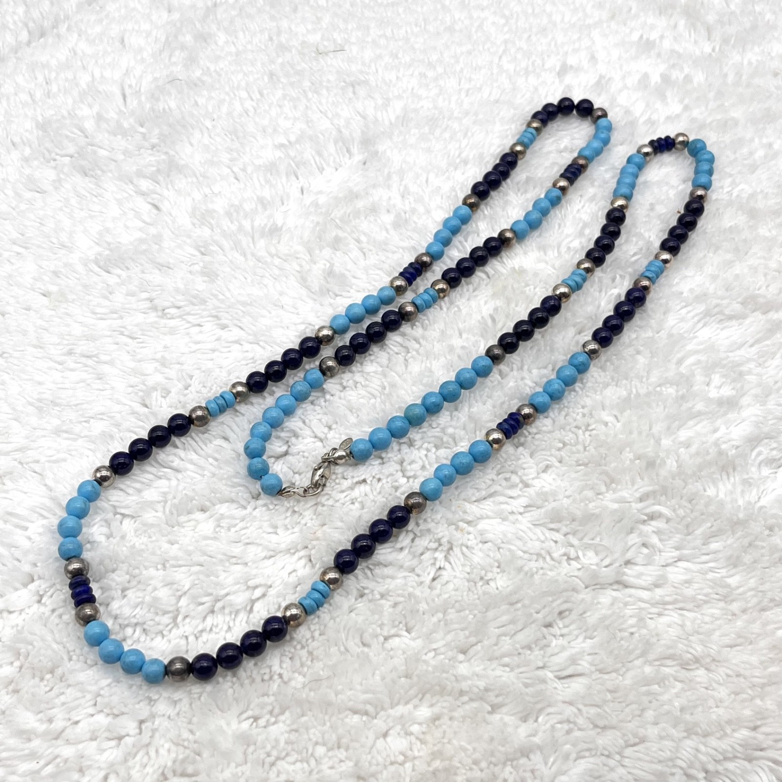 Southwestern Beaded Necklace Blue Black Stones Stamped 925 LONG READ 36″