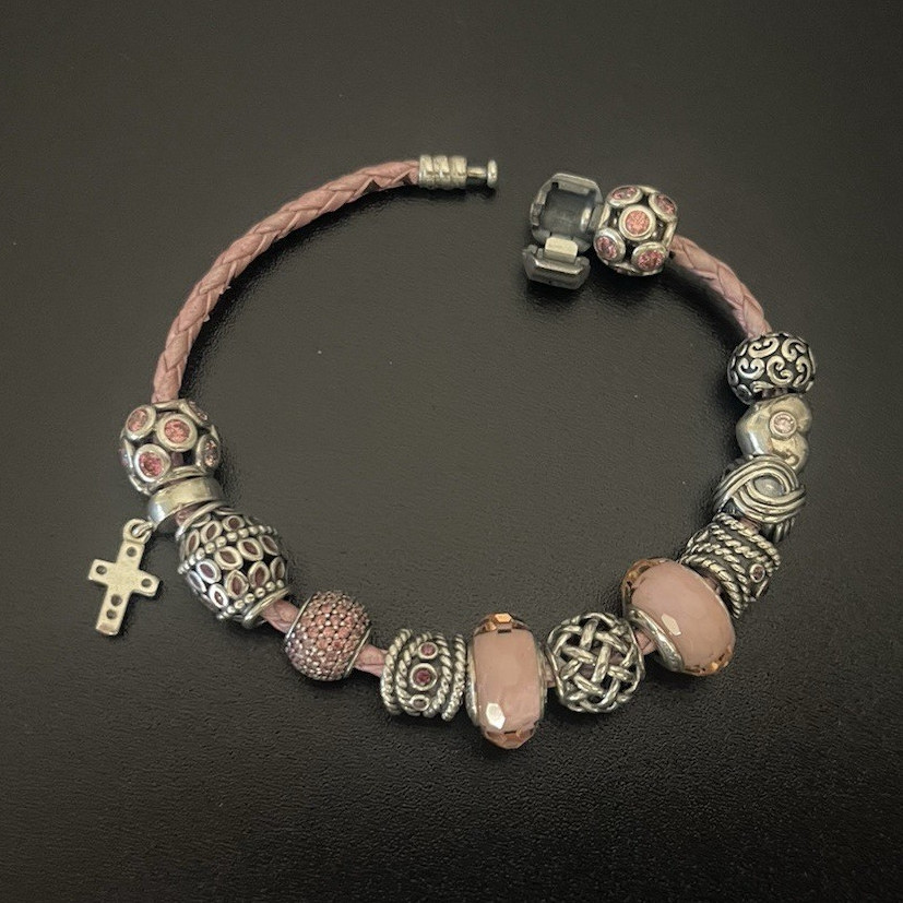 Adjustable Pink Cord Drawstring Charm Bracelet w/ Silver Beads & Cross