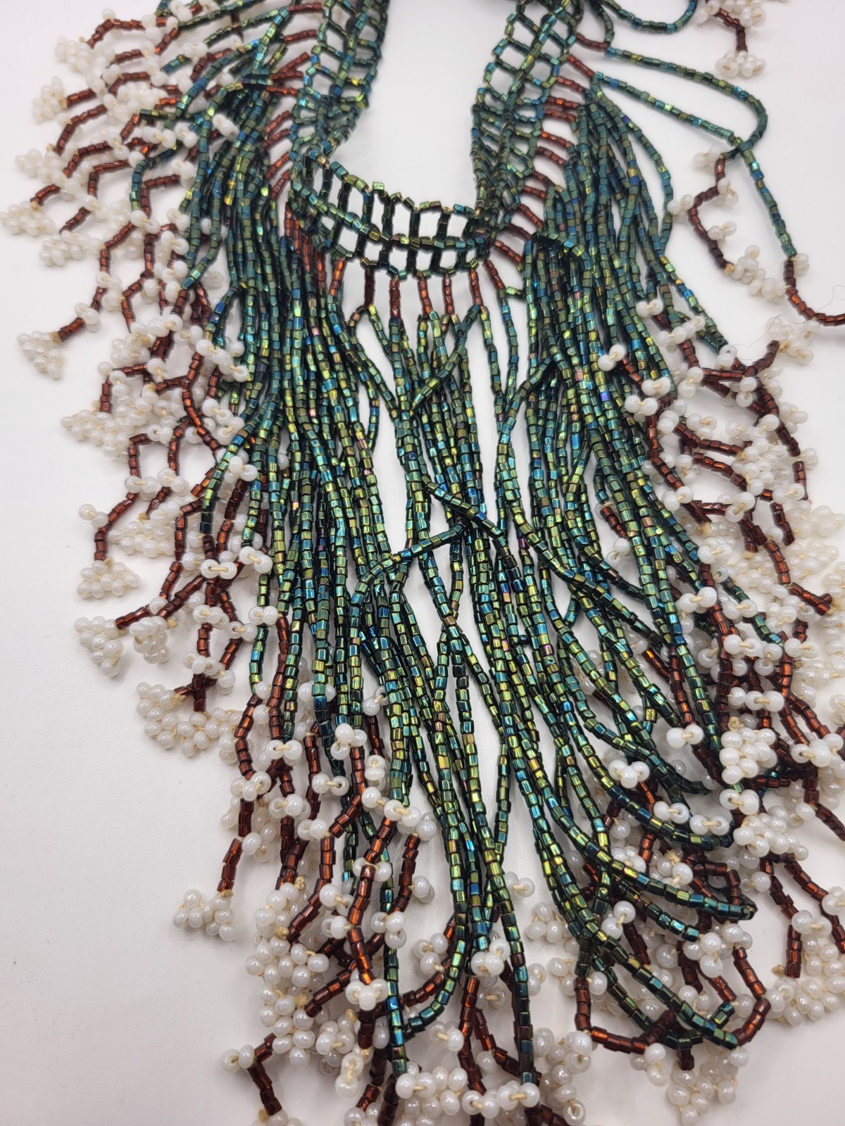 Handmade Blue Iridescent White Seed Bead Fringe Waterfall Choker Bib Necklace