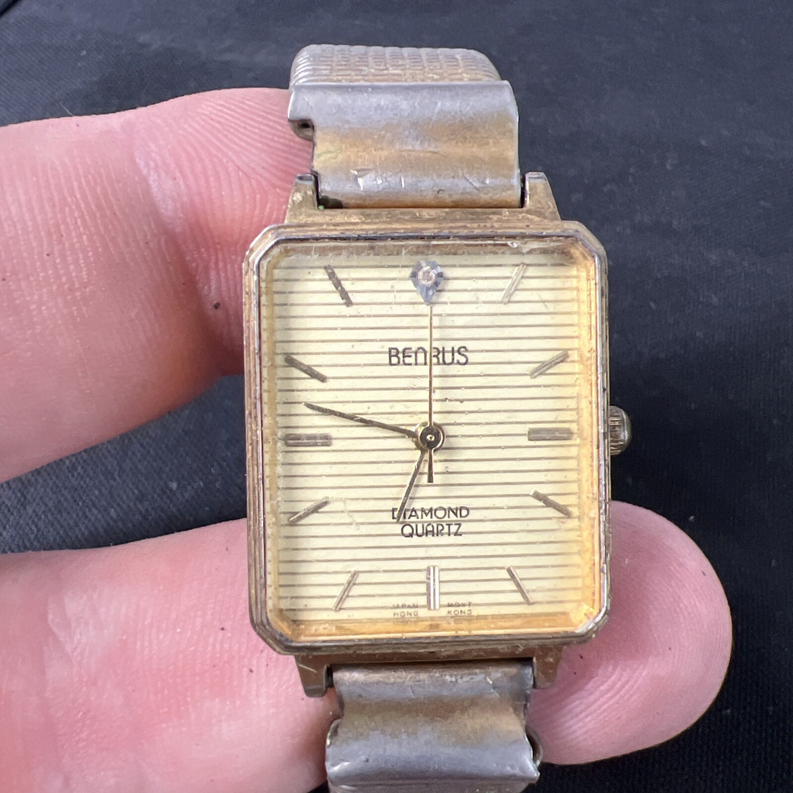 Vintage Benrus Diamond Quartz Watch Unisex Rectangular Gold Time