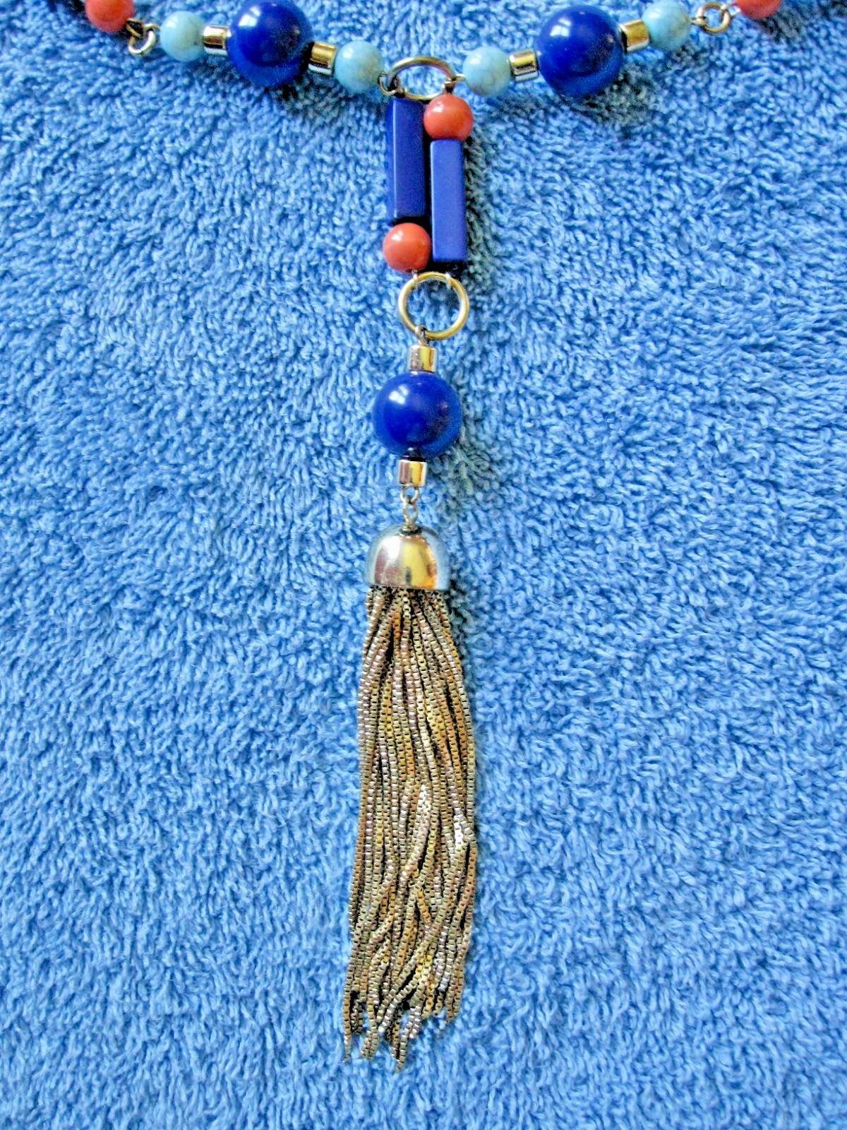 Chain & Beaded Orange & Blues Necklace “T” Logo 19″ Drop w/Metal Tassel Lobster