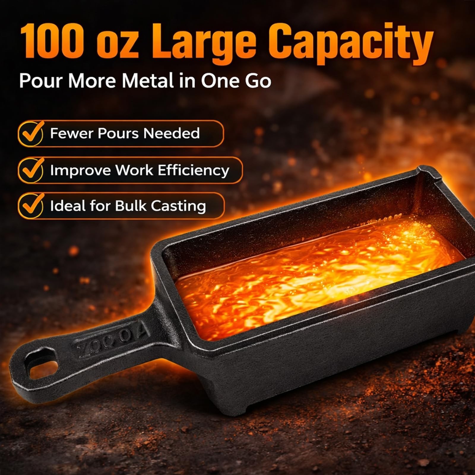 100 oz Cast Iron Ingot Mold with Handle – Metal Melting & Casting for Gold, Silv