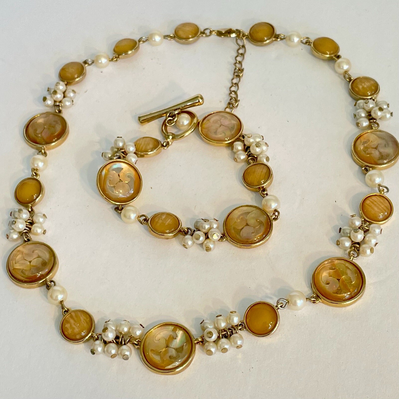 Demi Parure Pearl Amber Asian Resin Circle Necklace Moon Glow Open Work Set