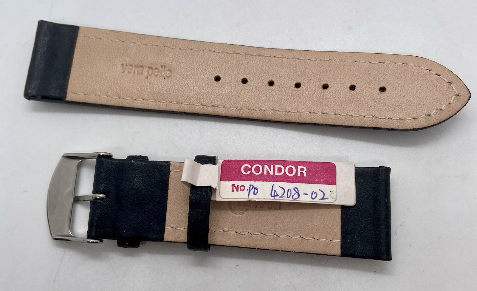 New CONDOR Lowell Black Leather Watch Band 22mm Lugs Silver Buckle Stitched