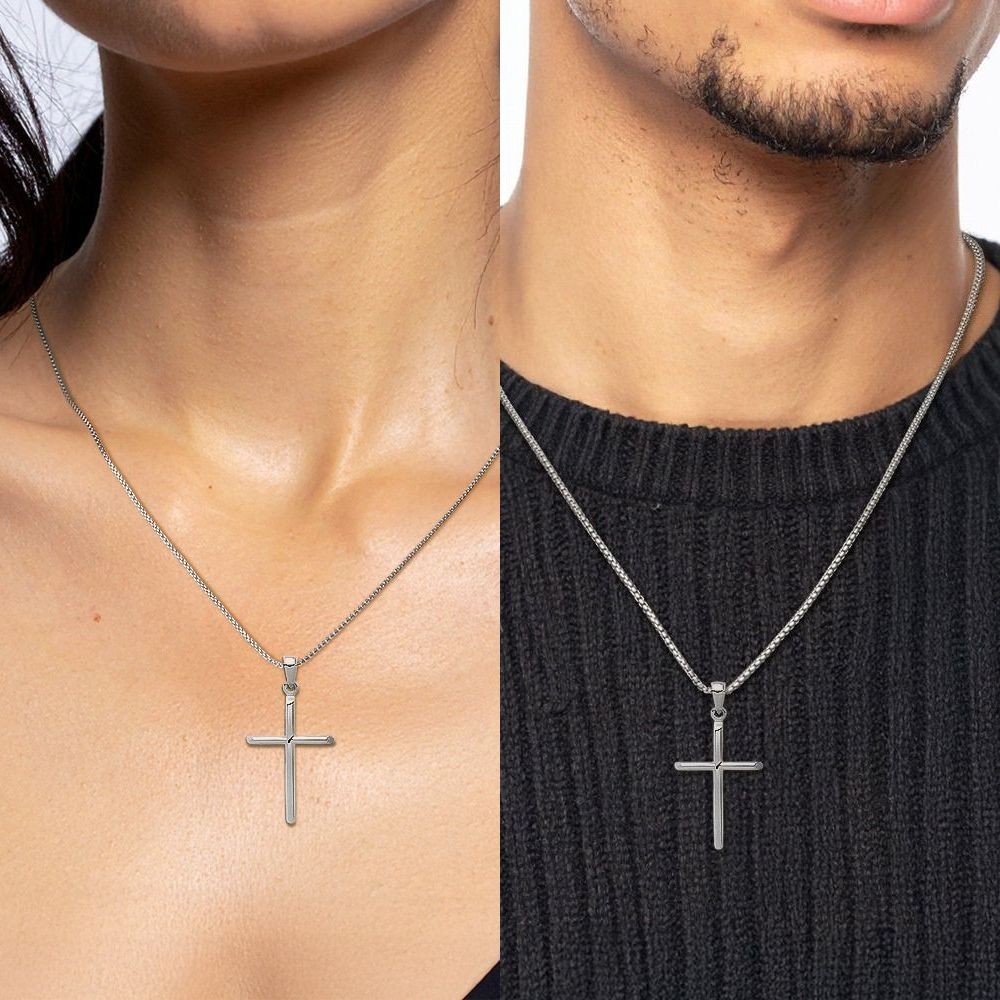 10K Solid White Gold Fleur De Lis Large Tubular Cross Pendant Necklace 35.6mm