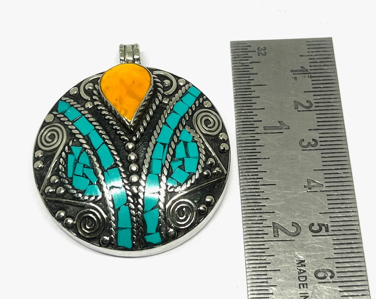 Amber Turquoise Gemstone Tibetan Style Traditional Pendant Jewelry, 2.0 inc