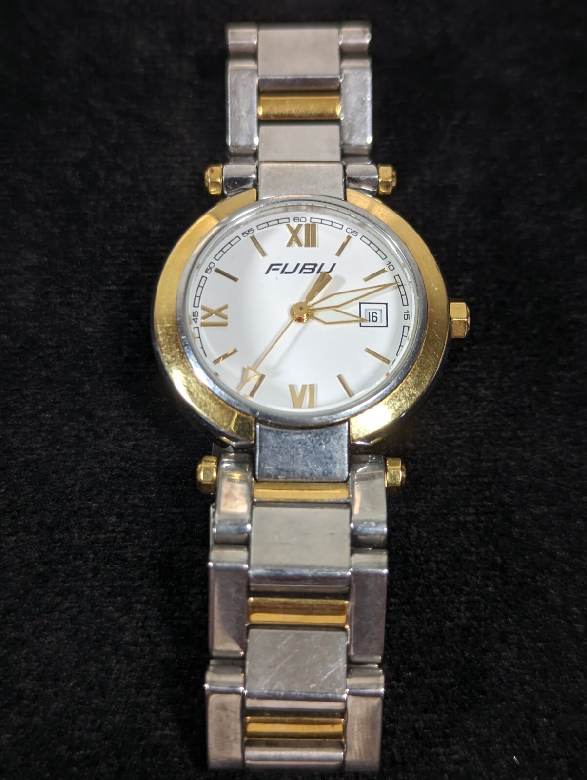 Vintage FUBU 7 Jewels Swiss Date Indicator Two Tone Stainless St Band Watch 6 In