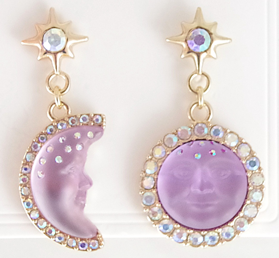 2″ KIRKS FOLLY PURPLE SEAVIEW MOON FACE CRYSTAL RHINESTONE DROP DANGLE EARRINGS